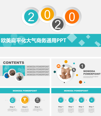 蓝色简约欧美扁平化大气商务通用PPT模板