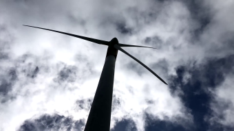 航拍浙江鹤顶山村镇新能源风力发电机