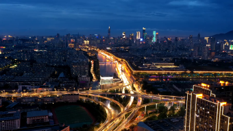 航拍延时南京城市入夜车流城市水系地标建筑