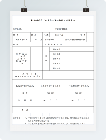 工作人员一次性补贴标准认定表