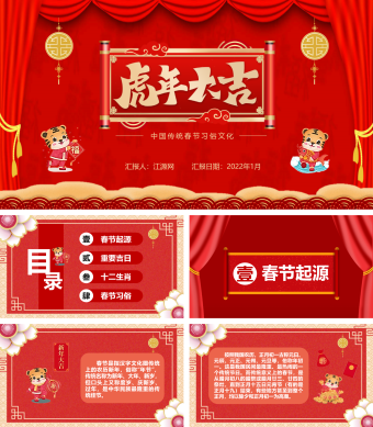 红色虎年卡通春节习俗介绍PPT