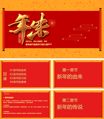 红色喜庆新年新气象春节习俗介绍PPT