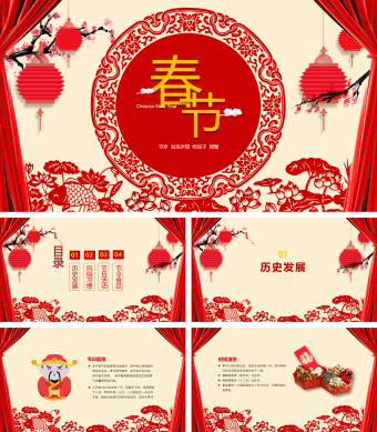 黄色剪纸中国风春节习俗介绍PPT