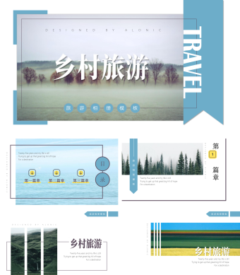 小清新蓝色杂志风乡村旅游相册PPT模板
