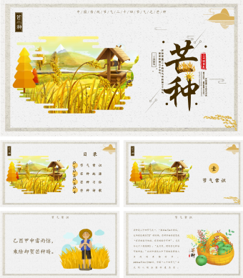金色卡通芒种习俗介绍PPT模板