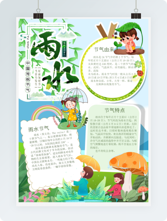 竖版可爱小女孩雨水节气手抄报
