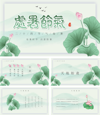 绿色荷花处暑节气介绍PPT模板