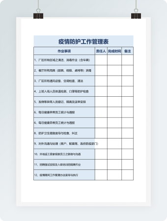 疫情防护工作管理表