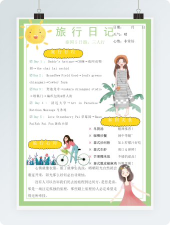 小清新绿色泰国旅游手账日记