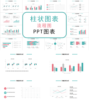 淡绿色柱状图表流程图PPT图表