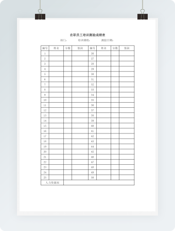 在职员工培训测验成绩表word模板