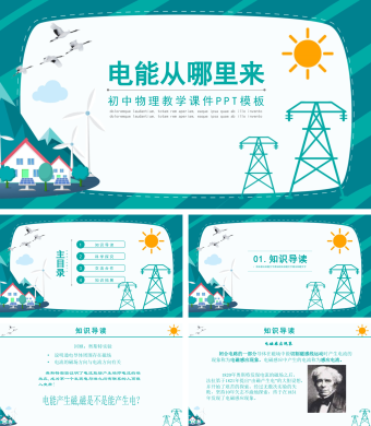 绿色简约风初中物理教学课件PPT模板-电是从哪里来的的