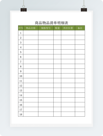 商品物品清单明细表
