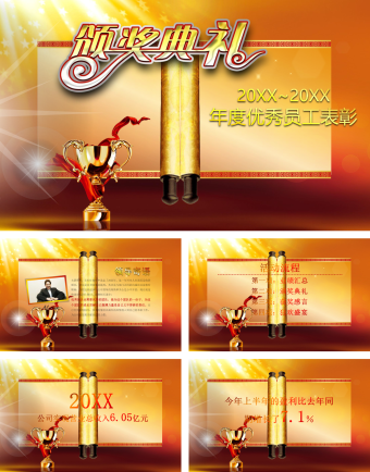 黄色扁平化颁奖庆典ppt模板