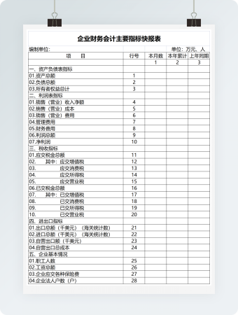 企业财务会计主要指标快报表