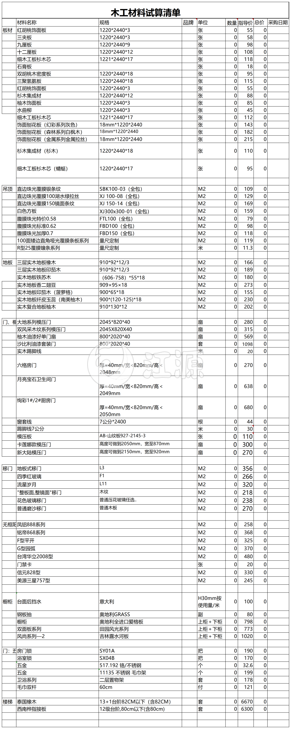 木工材料试算清单