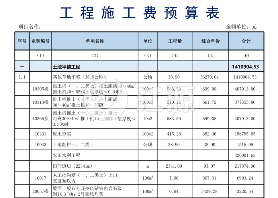 工程施工费预算表