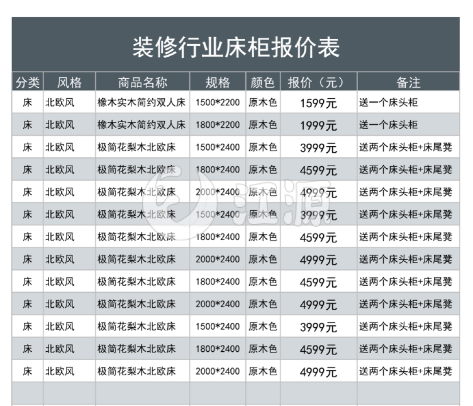 装修行业床柜报价表