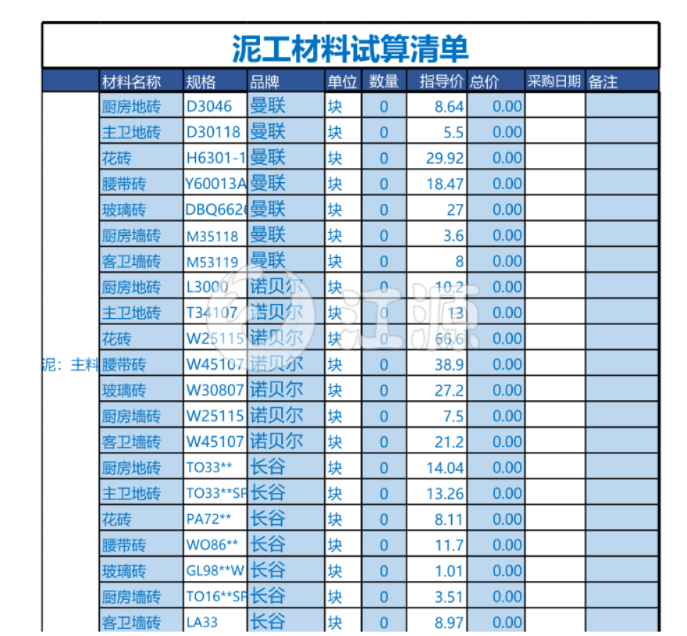 泥工材料试算清单