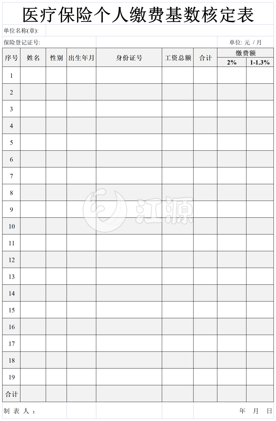 医疗保险个人缴费基数核定表