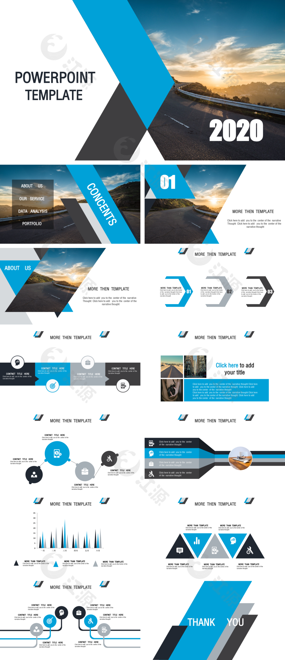 英文商务蓝色扁平风PPT模板