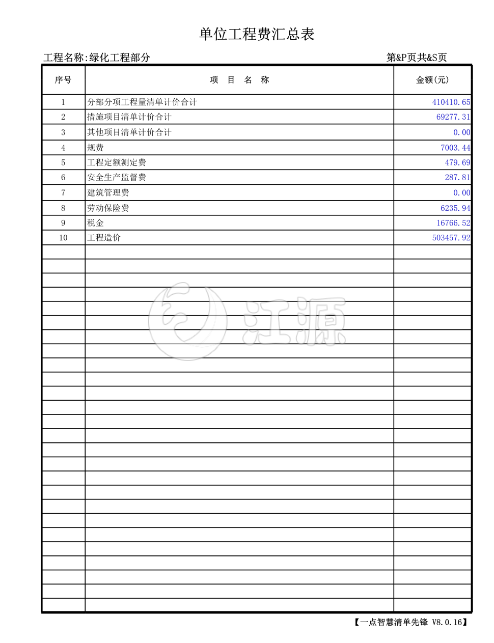 绿化工程预算表