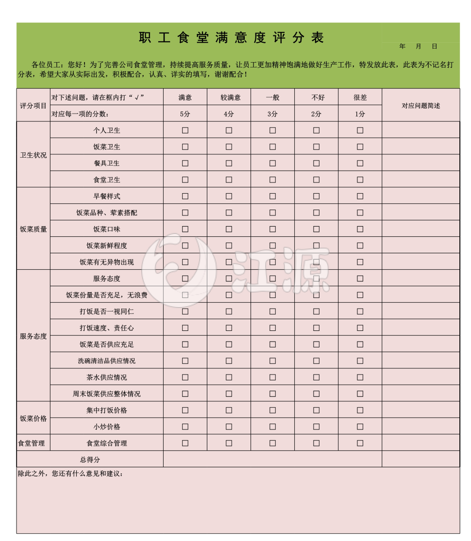 职工食堂满意度评分表
