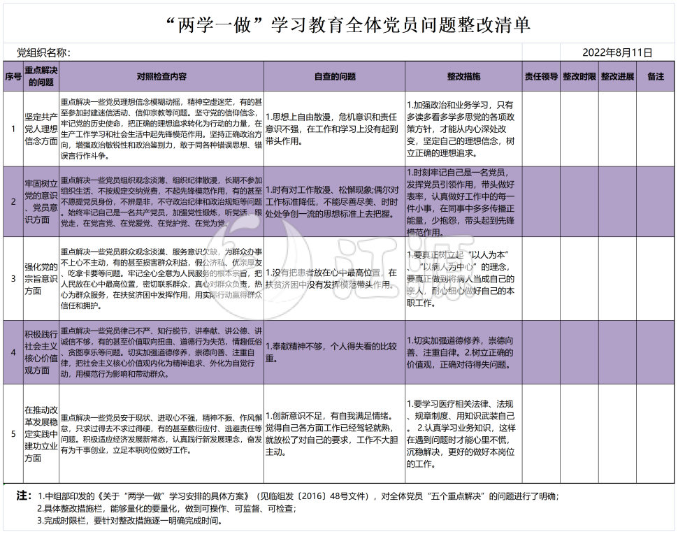 两学一做”学习教育全体党员问题整改清单