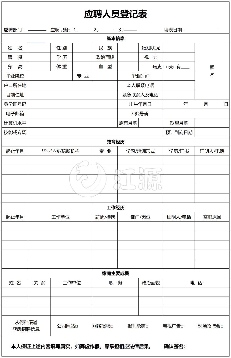 应聘人员登记表