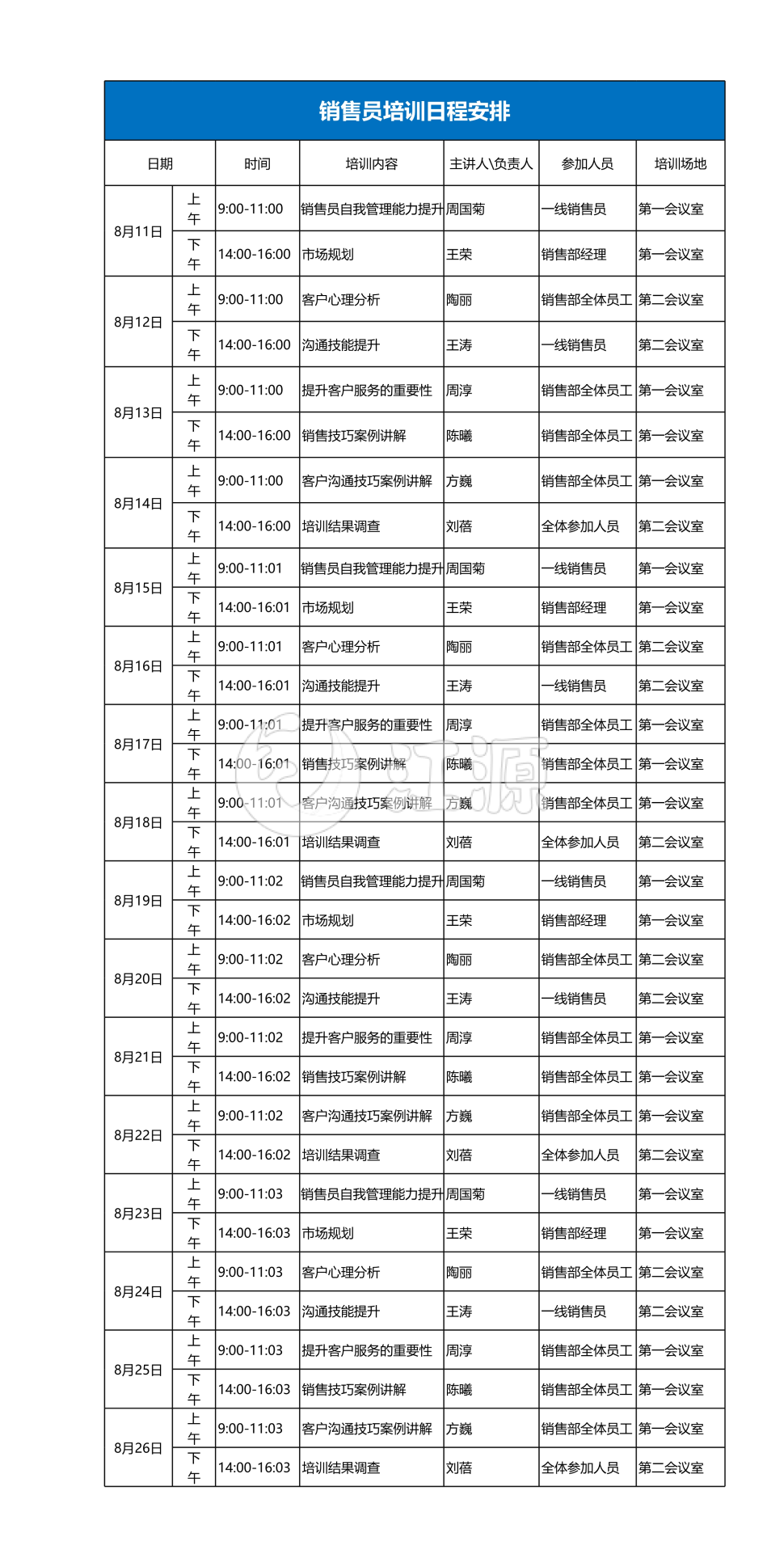 销售员培训日程安排