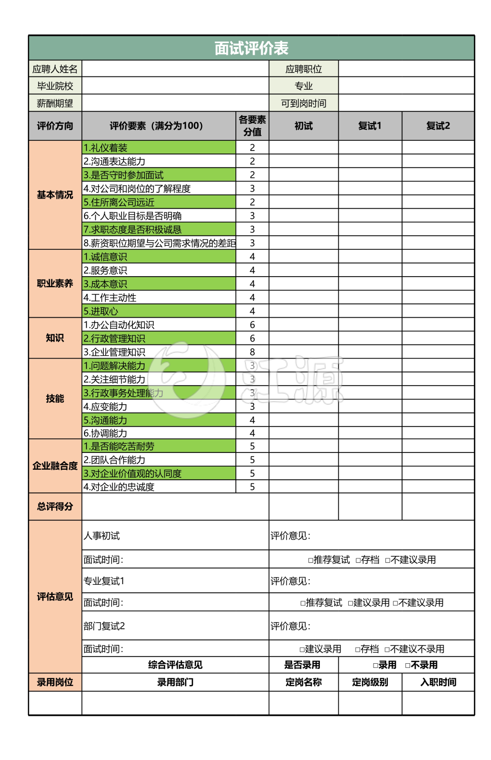 行政类面试评价表excel