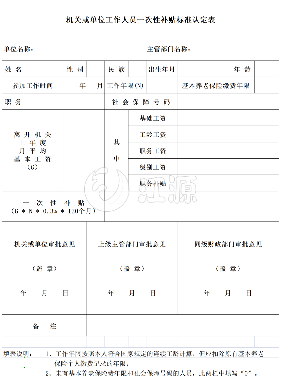 工作人员一次性补贴标准认定表