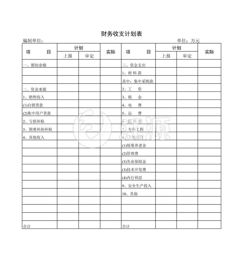 财务收支计划表模板