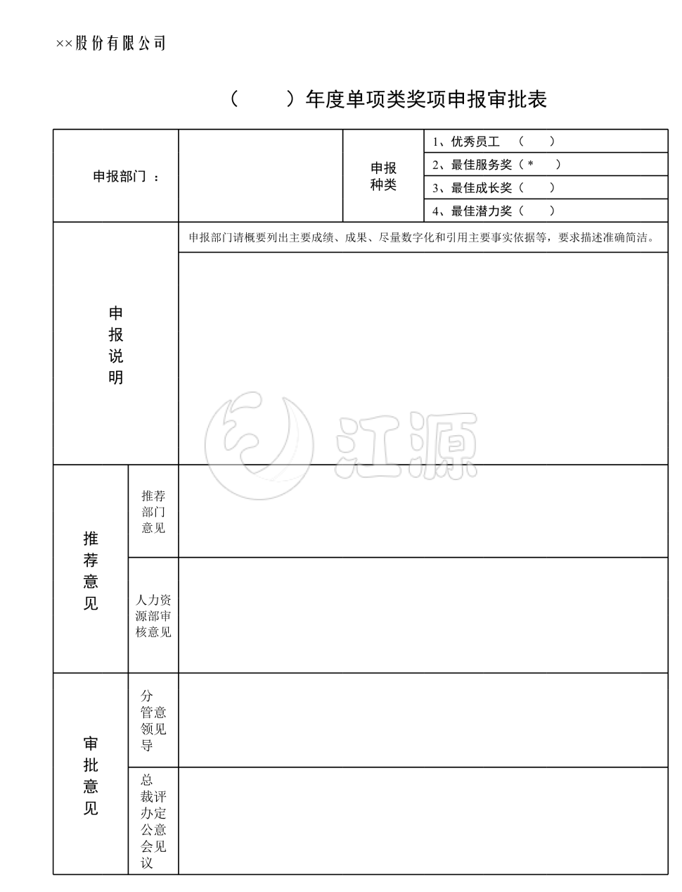 公司年度奖项申报审批表