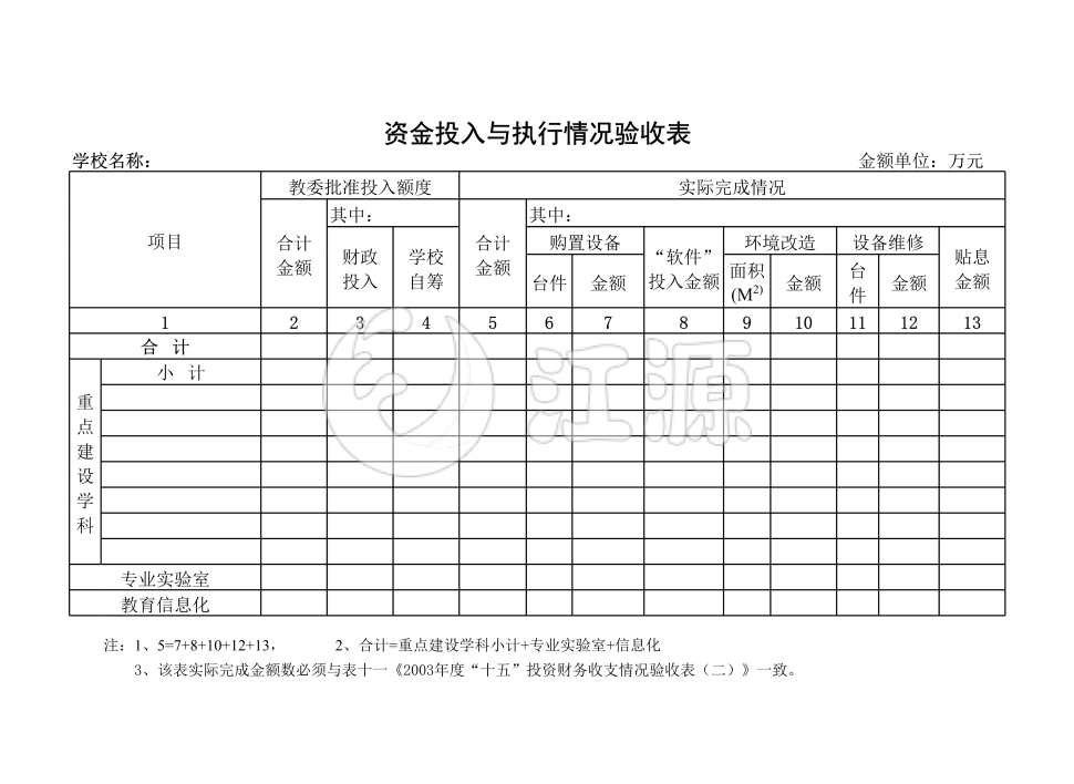 学校资金投入与执行详细情况验收表