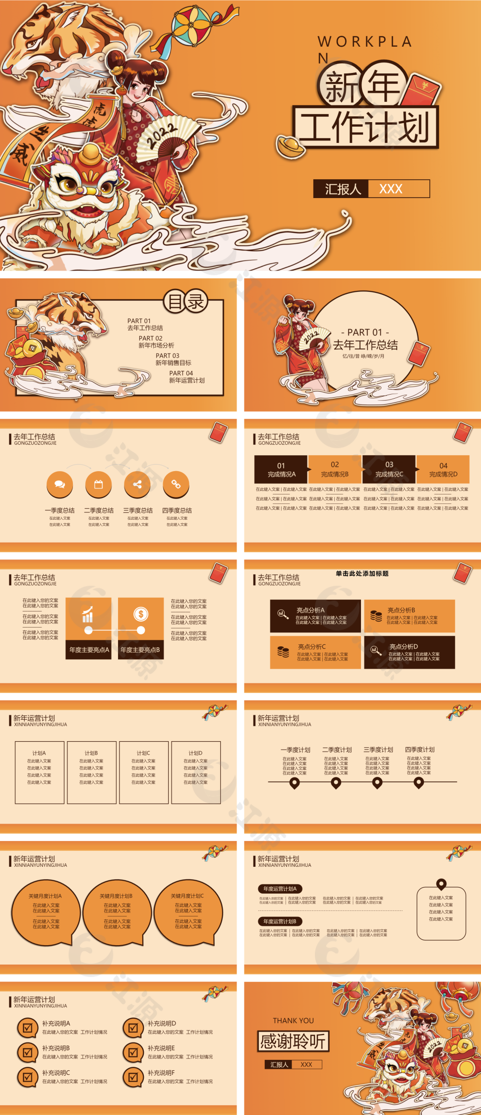 黄色中国风卡通虎年工作总结PPT