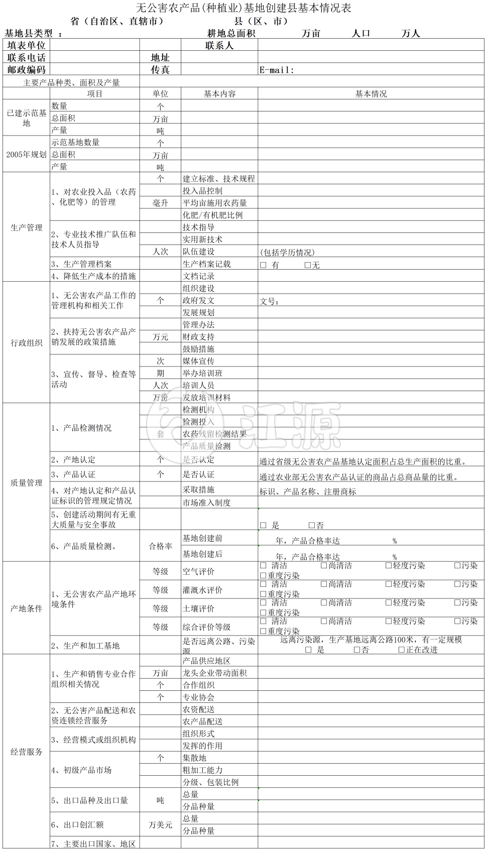 无公害农产品种植业基地创建县基本情况表