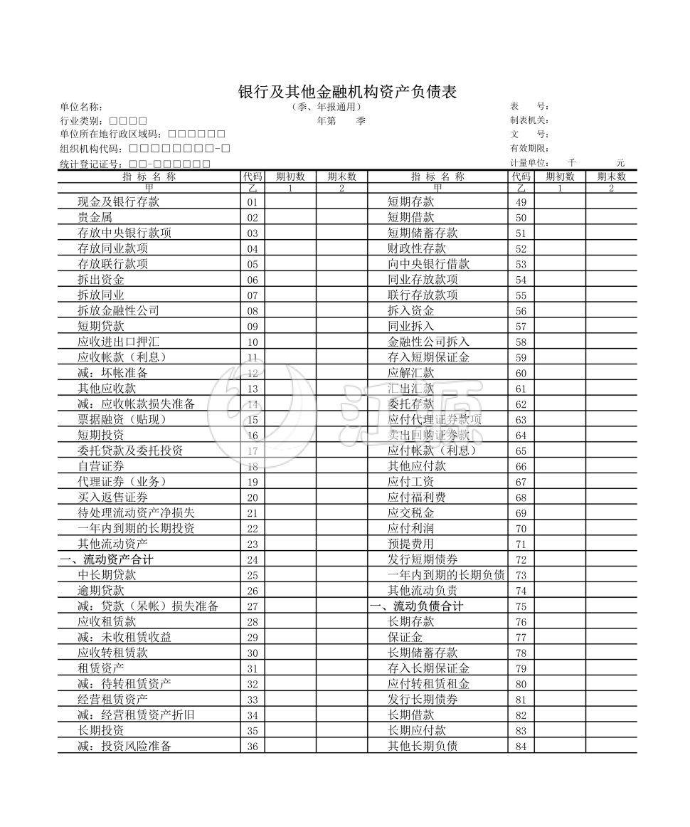 银行及其他金融机构资产负债情况记录表