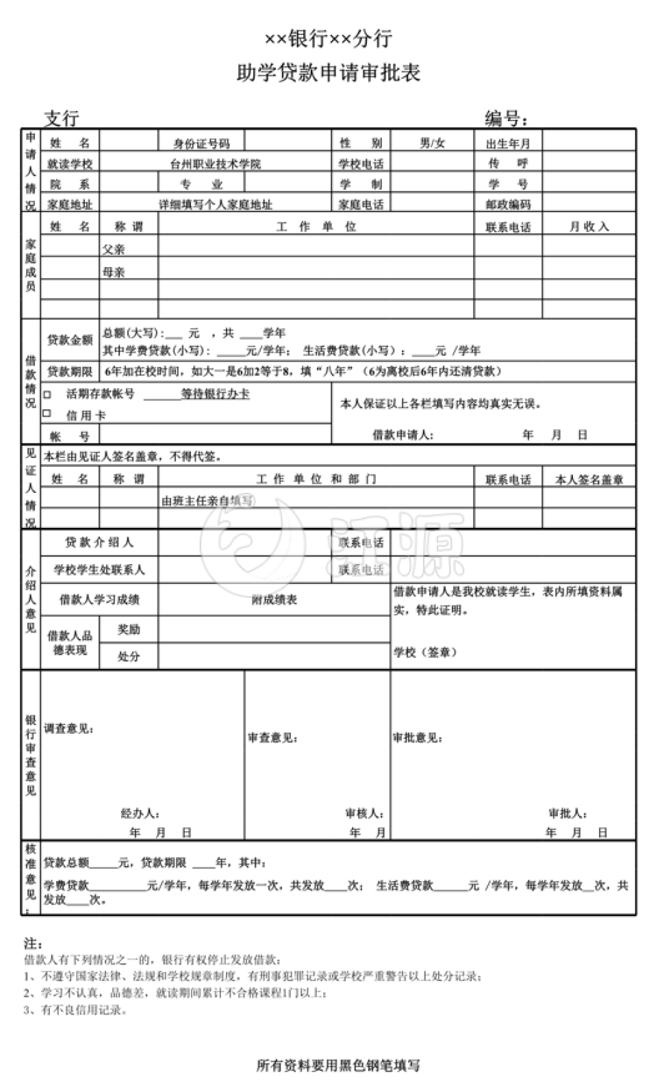助学贷款申请审批表