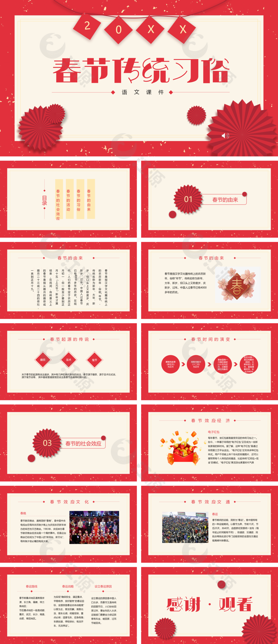 红色简约语文课堂春节文化知识介绍