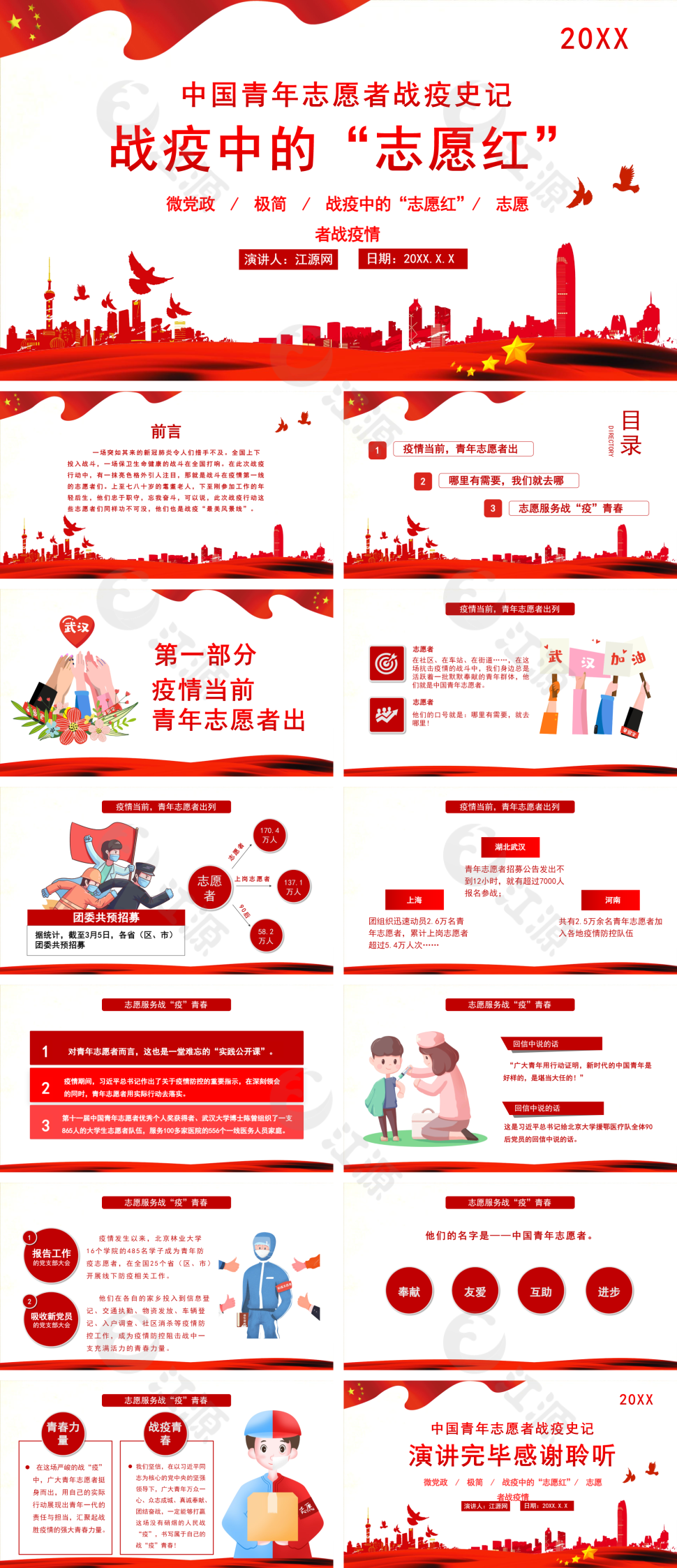 红色中国风中国青年志愿者战疫史记PPT模板