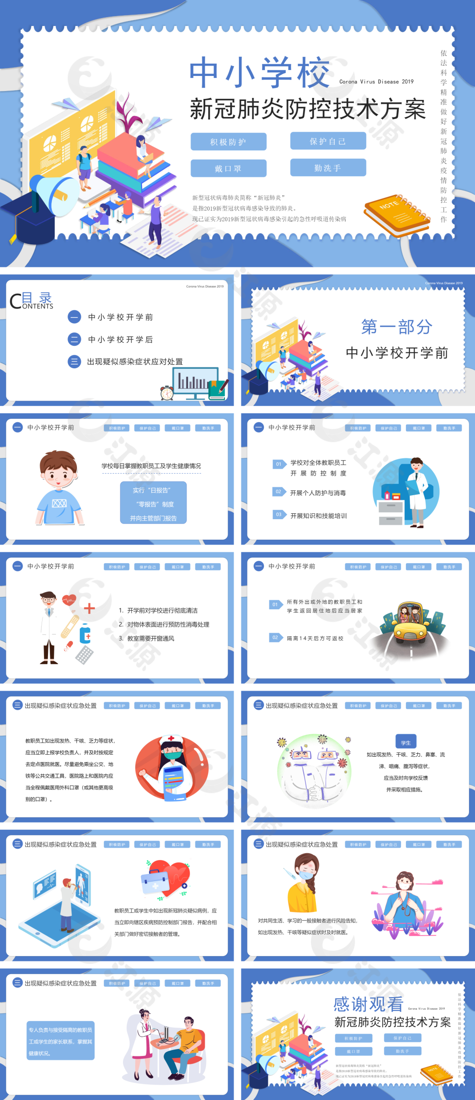 蓝色简约风开学第一课新冠肺炎防疫学习PPT模板
