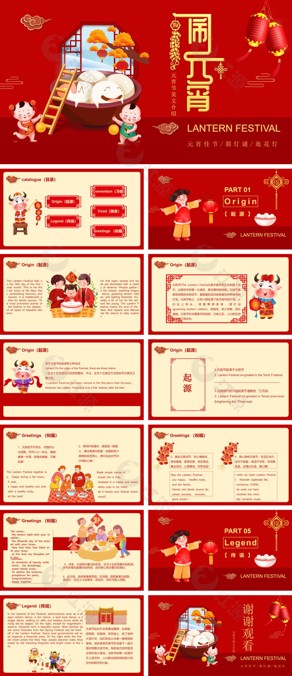 元宵节英文介绍红色喜庆PPT