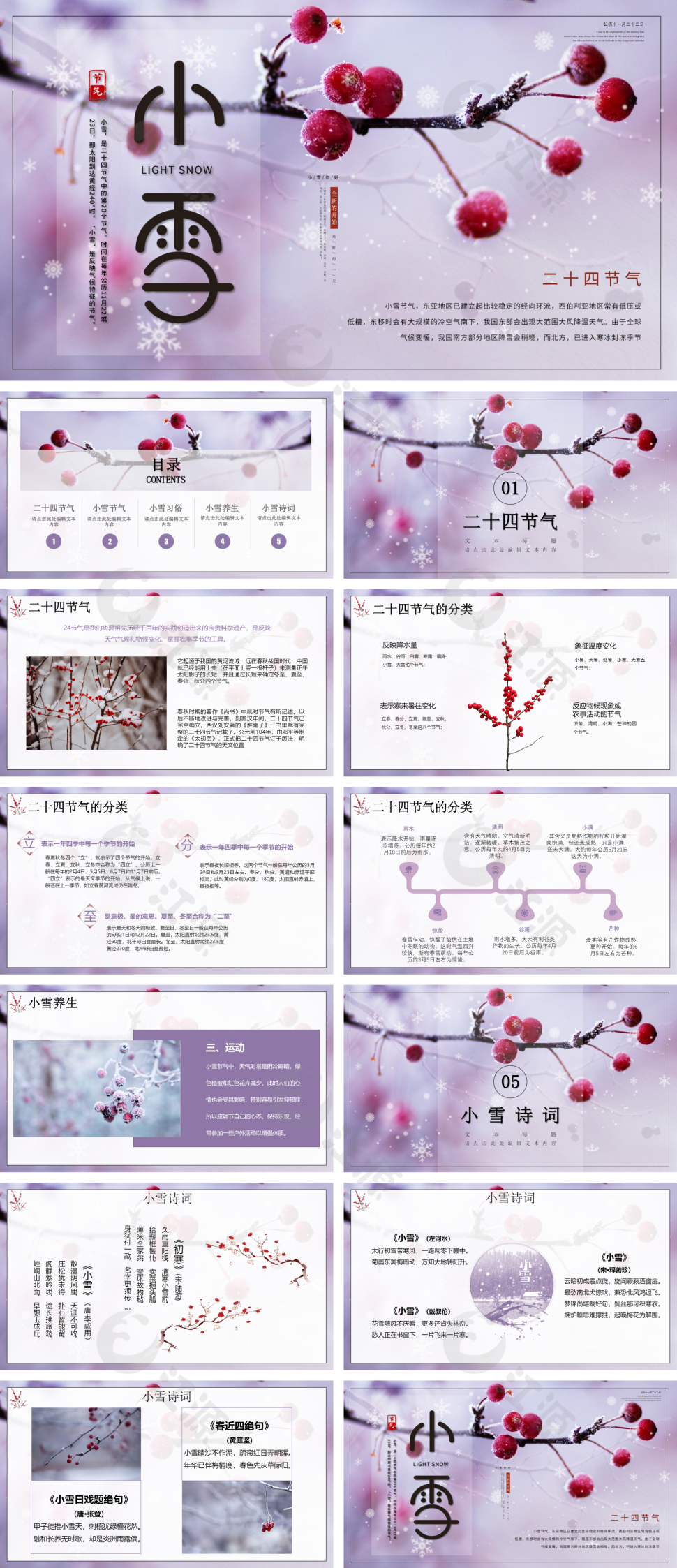 唯美简约小雪节气雪景二十四节气介绍PPT模板