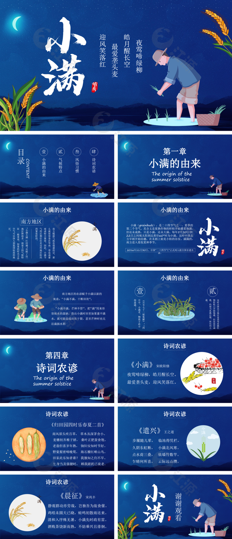 蓝色卡通风小满节气介绍PPT模板