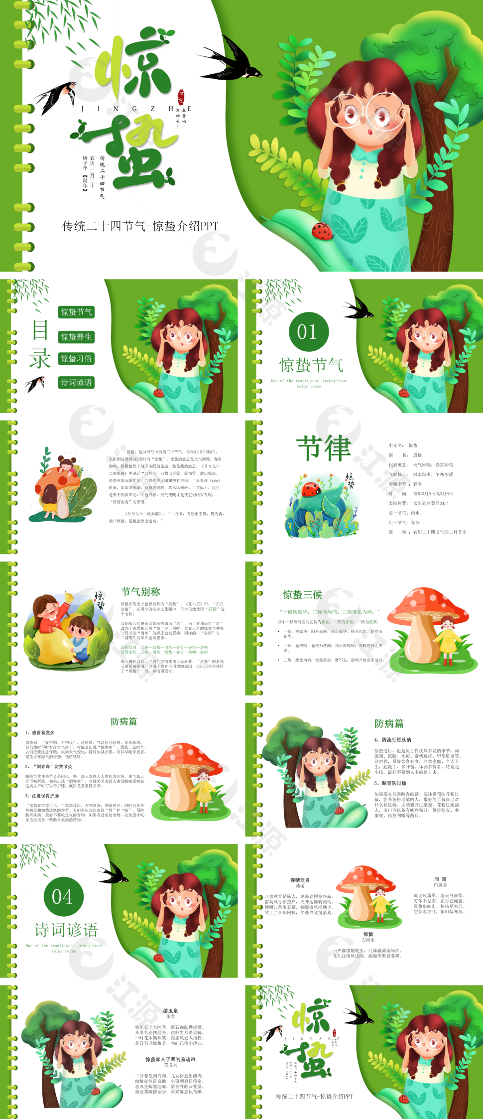 绿色卡通风传统二十四节气惊蛰介绍PPT