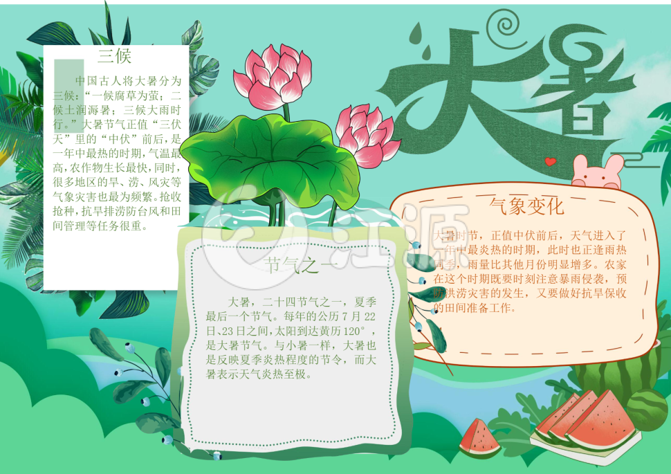 淡绿色卡通大暑节气小报Word模板