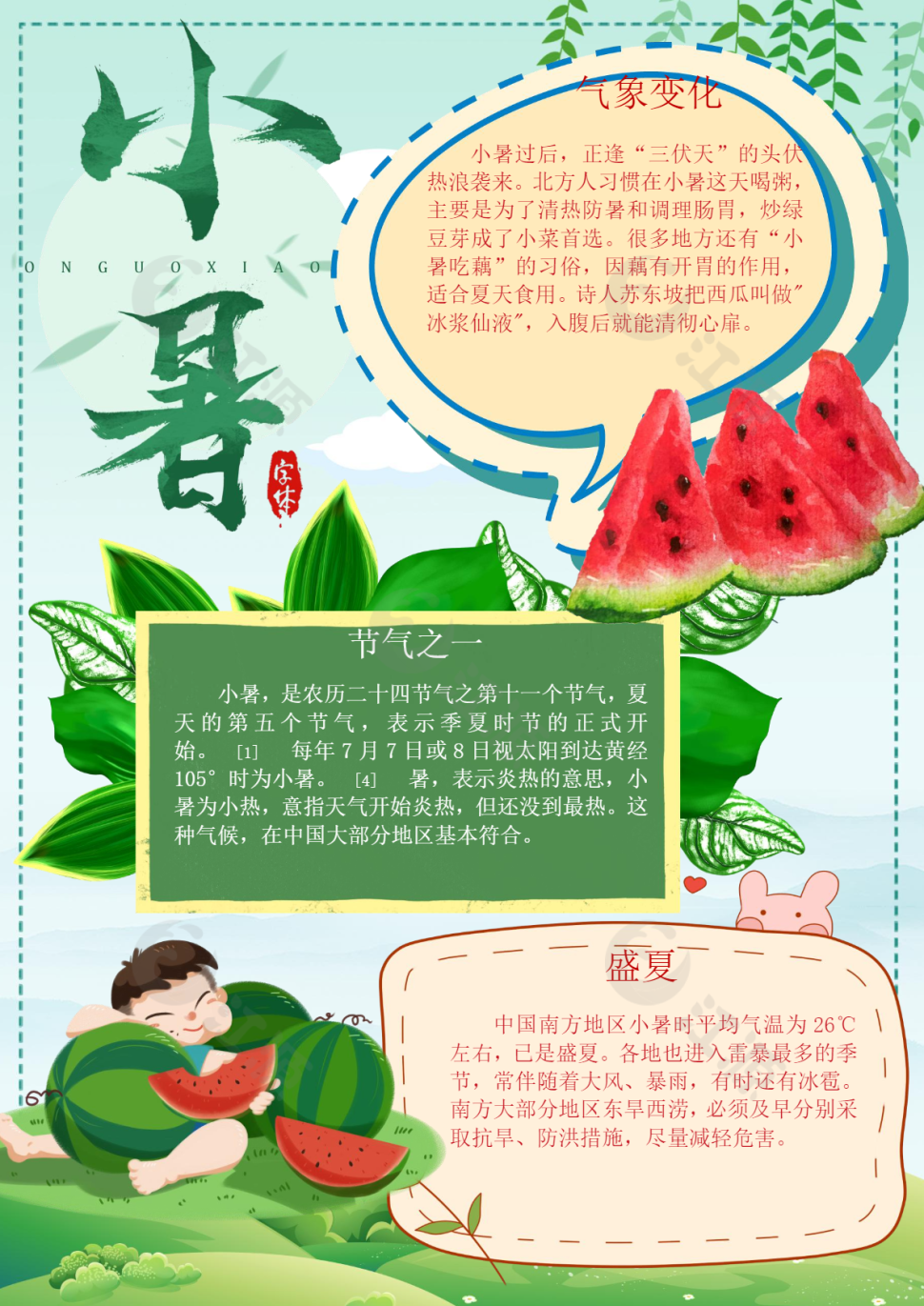 夏天卡通风小暑节气手抄报Word模板