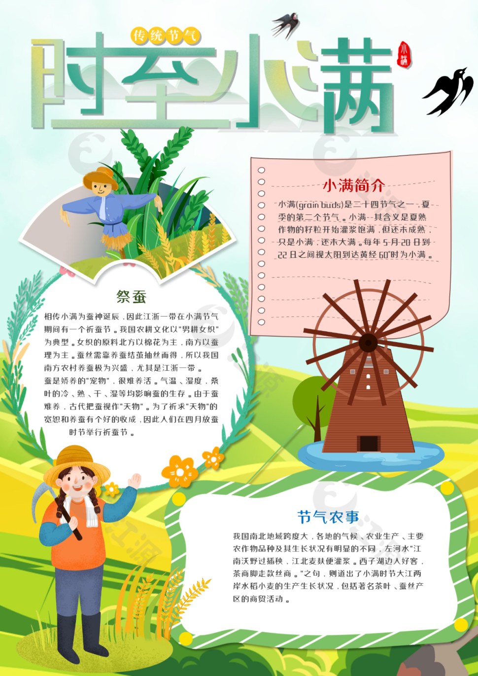 绿色传统节气小满手抄报小报