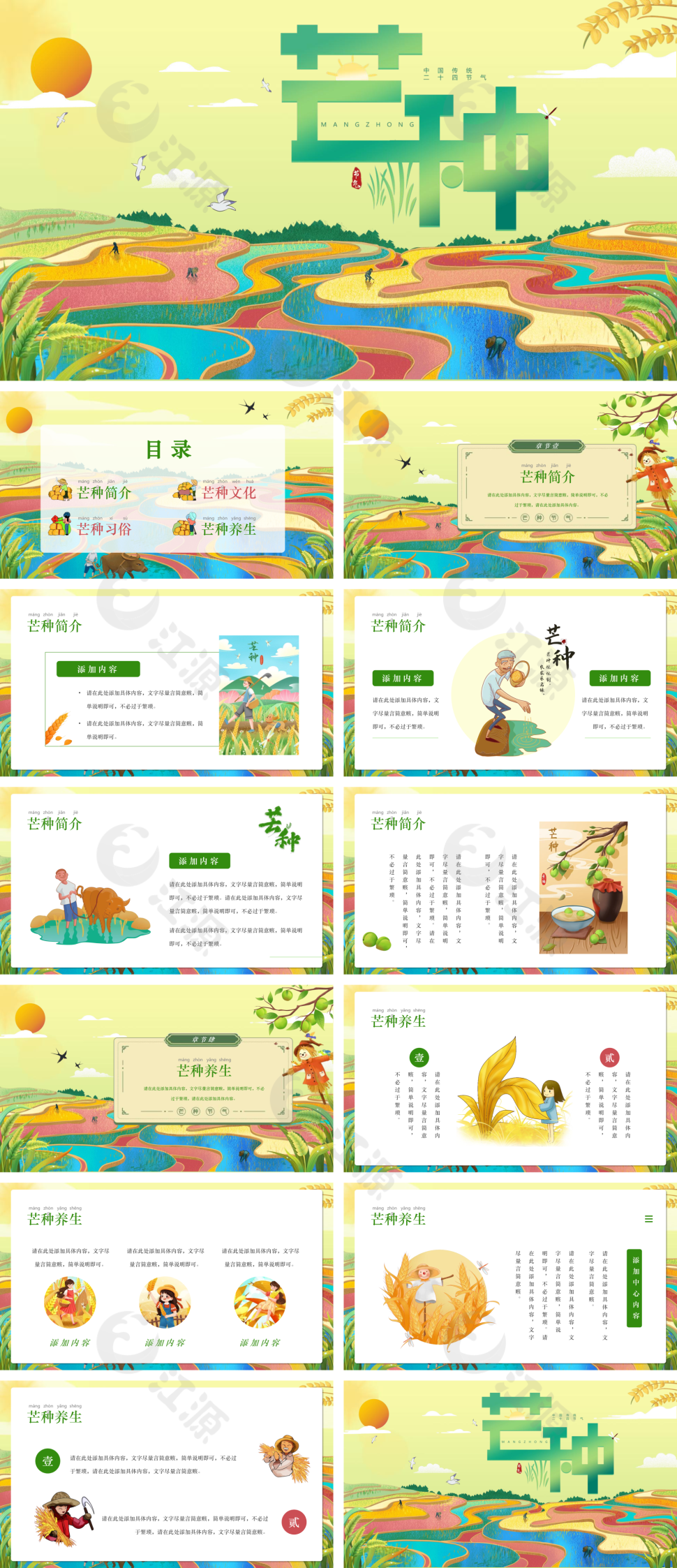 黄绿色卡通风芒种PPT